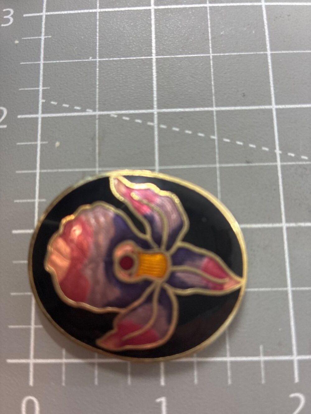 Cloisonné Style Enamel Iris Flower Brooch Black Gold Tone Floral Pin - Picture 7 of 7